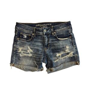Distressed American Eagle Womens Size 4 Denim Shorts Blue Super Super Stretch X